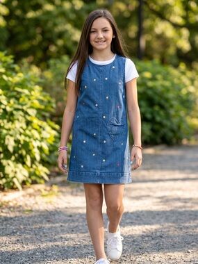 Madewell Crewcuts Girls' Denim Dress in Blue Red & Yellow Embroidery Flowers